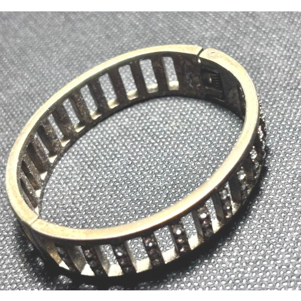 Vintage J.Crew Brass Tone Crystal Inset Hinged Cage Bangle Bracelet Gold Tone
